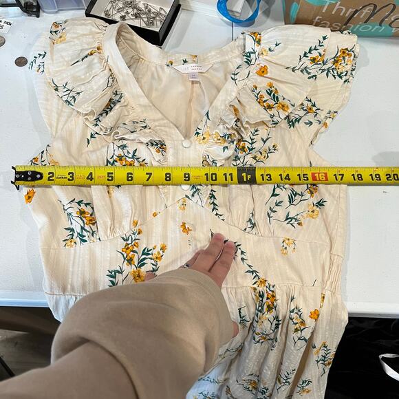 LC Lauren Conrad Cream Floral Girly Ruffle Cottagecore Prairie Midi Dress Medium - Picture 6 of 7